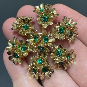 Signed Coro Mid Century Floral
Rhinestone Cluster Brooch Gold Tone & Green